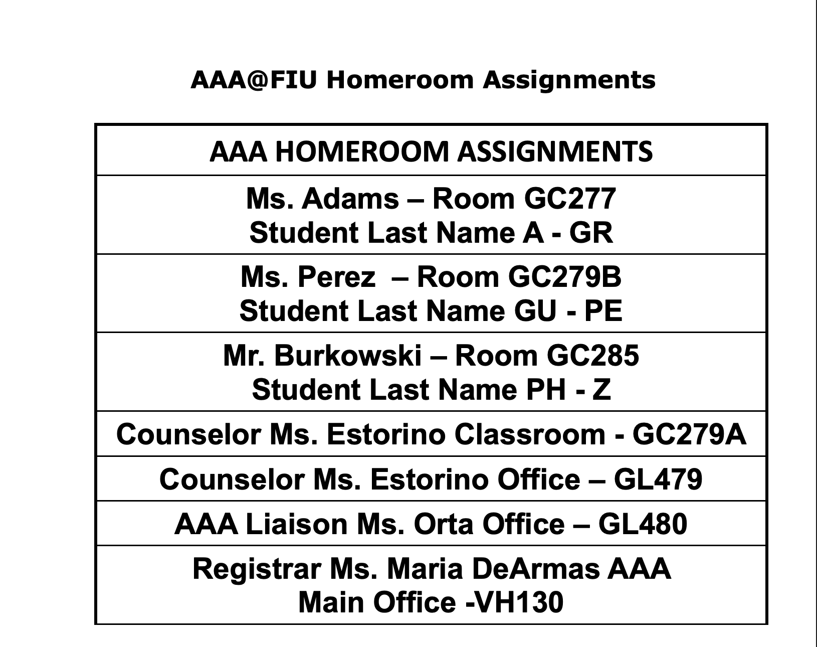 AAA Homeroom Assignment and Schedule for August 14 to August 22, 2025